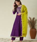 wine vichitra embroidered flared anarkali pant and dupatta set