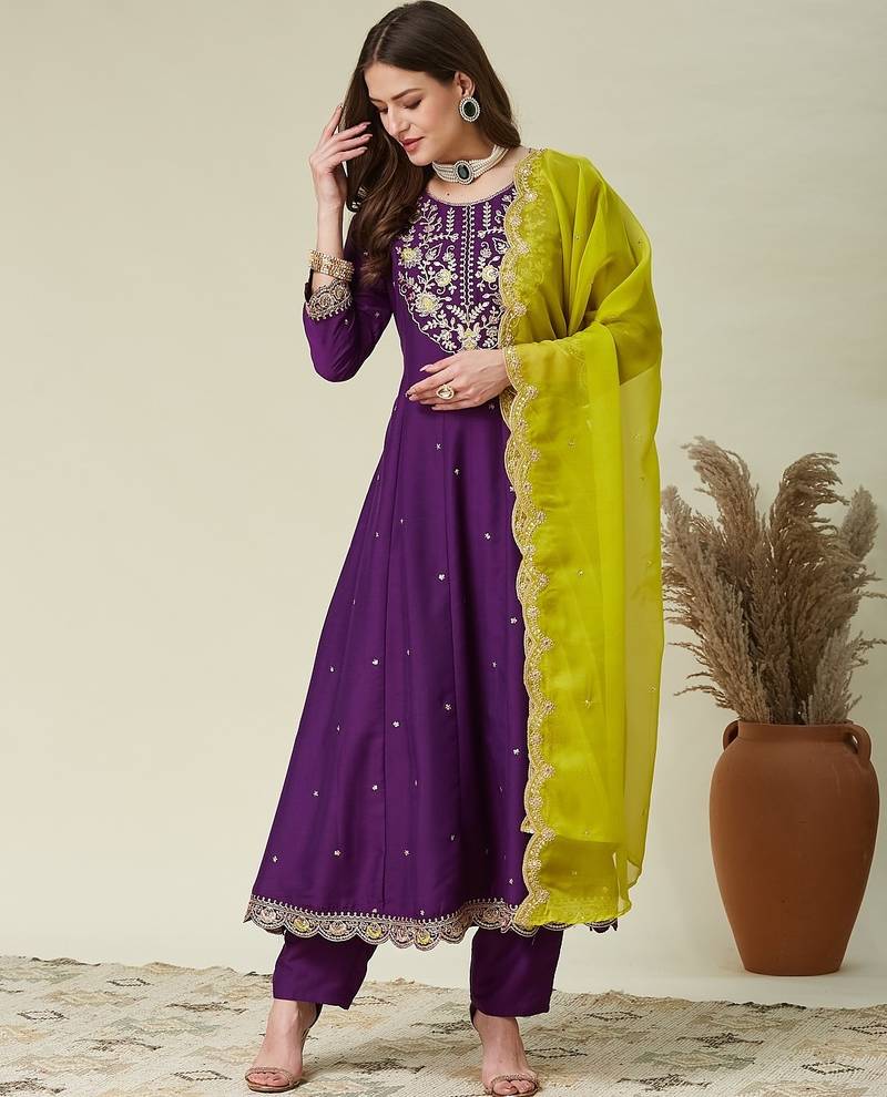 wine vichitra embroidered flared anarkali pant and dupatta set