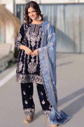 NAVY BLUE velvet zari work kurta pant set