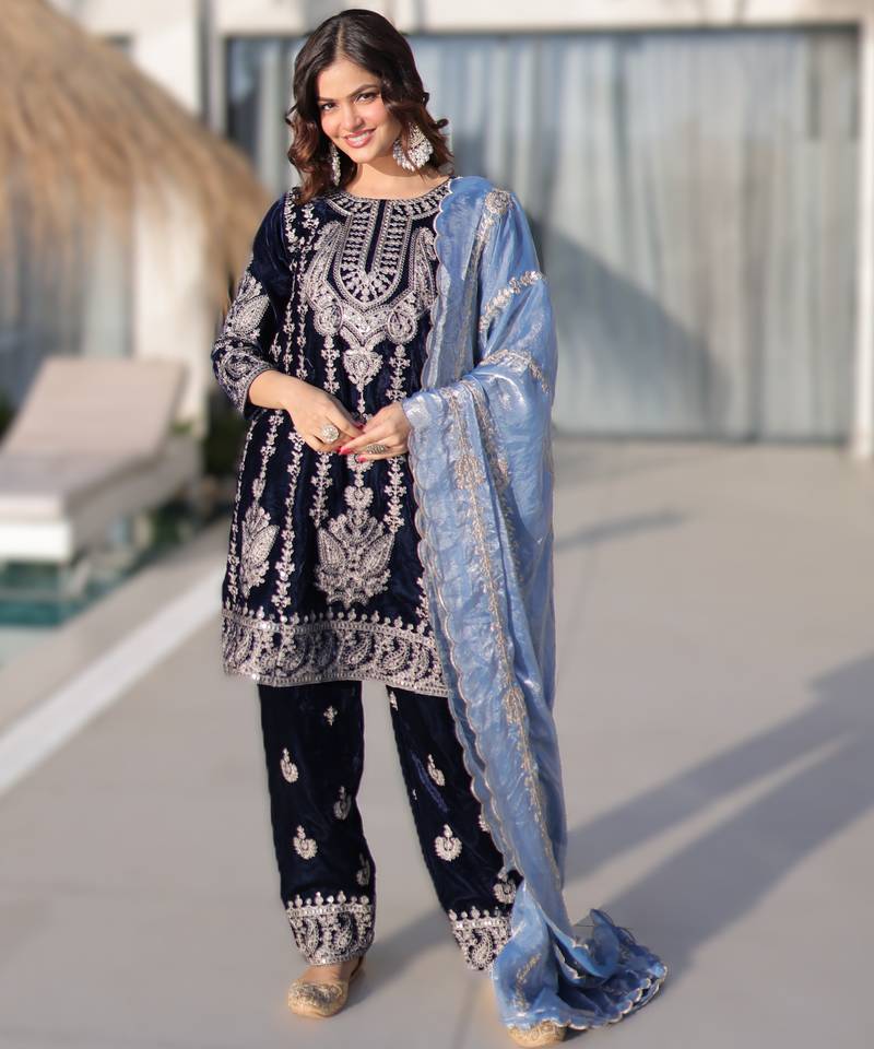 NAVY BLUE velvet zari work kurta pant set