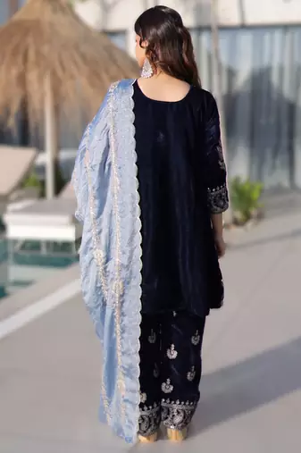 navy blue velvet zari work kurta pant set
