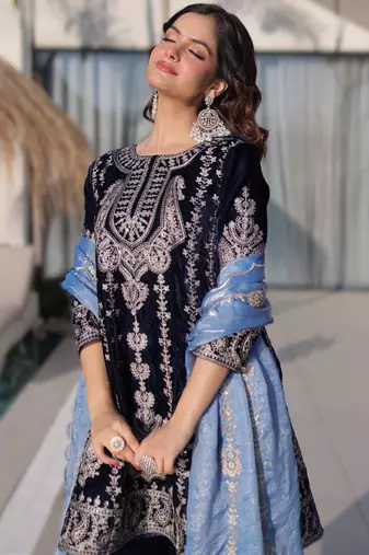 navy blue velvet zari work kurta pant set