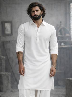 white solid cotton pathani kurta with shirt collar and full sleeves 1