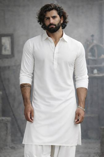 white solid cotton pathani kurta with shirt collar and full sleeves