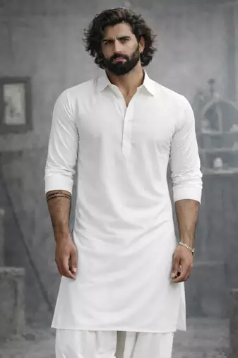 solid cotton pathani kurta with shirt collar and full sleeves