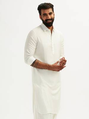 white solid cotton pathani kurta with shirt collar and full sleeves 2