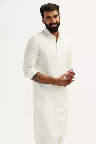 white solid cotton pathani kurta with shirt collar and full sleeves