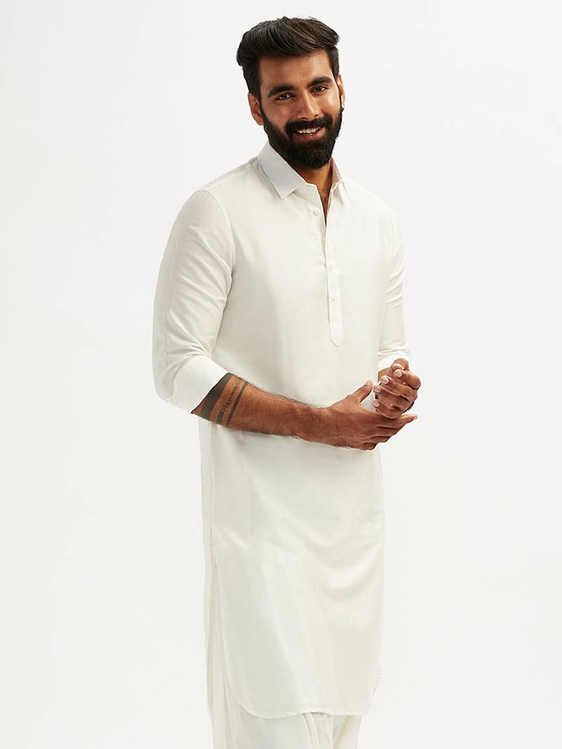 solid cotton pathani kurta with shirt collar and full sleeves