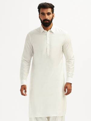 white solid cotton pathani kurta with shirt collar and full sleeves 3