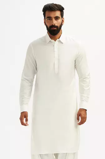 white solid cotton pathani kurta with shirt collar and full sleeves