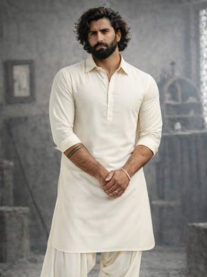 cream solid cotton pathani kurta with shirt collar and full sleeves 1