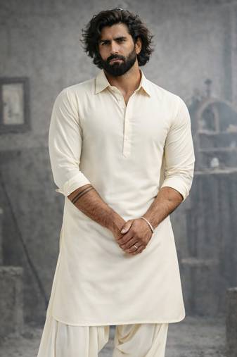 cream solid cotton pathani kurta with shirt collar and full sleeves