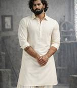 cream solid cotton pathani kurta with shirt collar and full sleeves