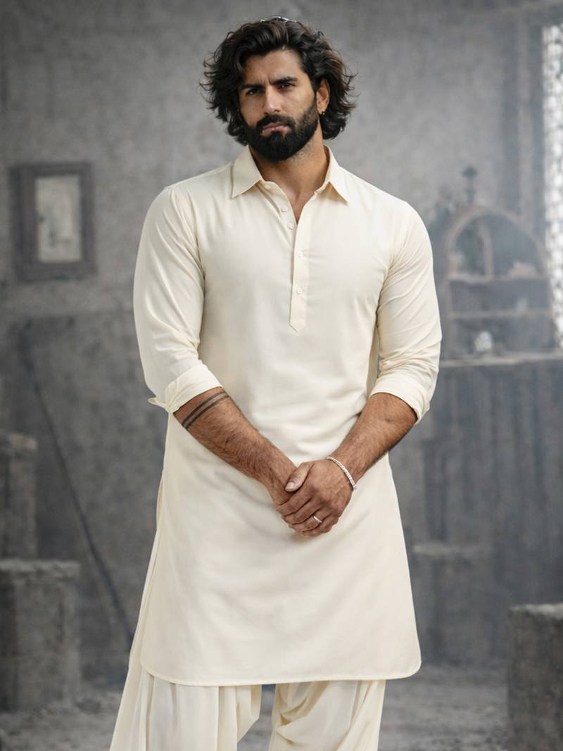 cream solid cotton pathani kurta with shirt collar and full sleeves