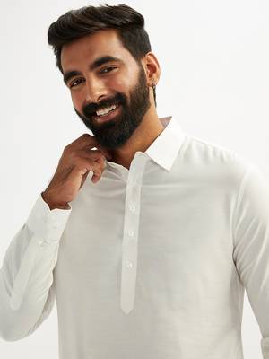 white solid cotton pathani kurta with shirt collar and full sleeves 4