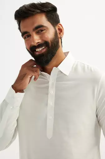 white solid cotton pathani kurta with shirt collar and full sleeves
