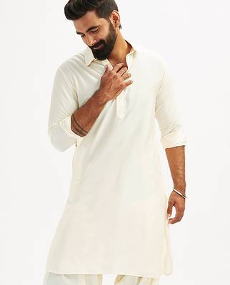 cream solid cotton pathani kurta with shirt collar and full sleeves 2