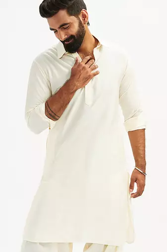 cream solid cotton pathani kurta with shirt collar and full sleeves