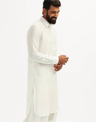 white solid cotton pathani kurta with shirt collar and full sleeves 5