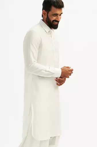 white solid cotton pathani kurta with shirt collar and full sleeves