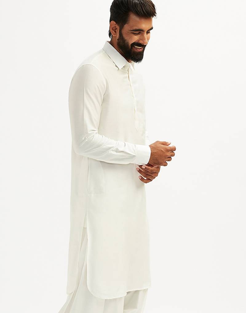 solid cotton pathani kurta with shirt collar and full sleeves