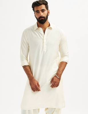 cream solid cotton pathani kurta with shirt collar and full sleeves 3