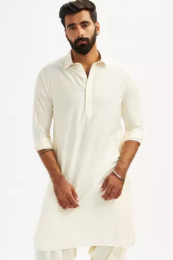 cream solid cotton pathani kurta with shirt collar and full sleeves