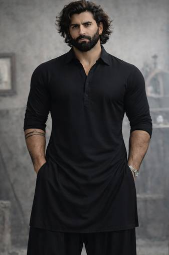 black solid cotton pathani kurta | shirt collar | full sleeve | knee length ethnic wear
