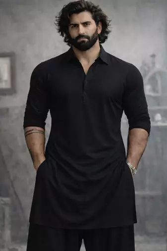 black solid cotton pathani kurta | shirt collar | full sleeve | knee length ethnic wear