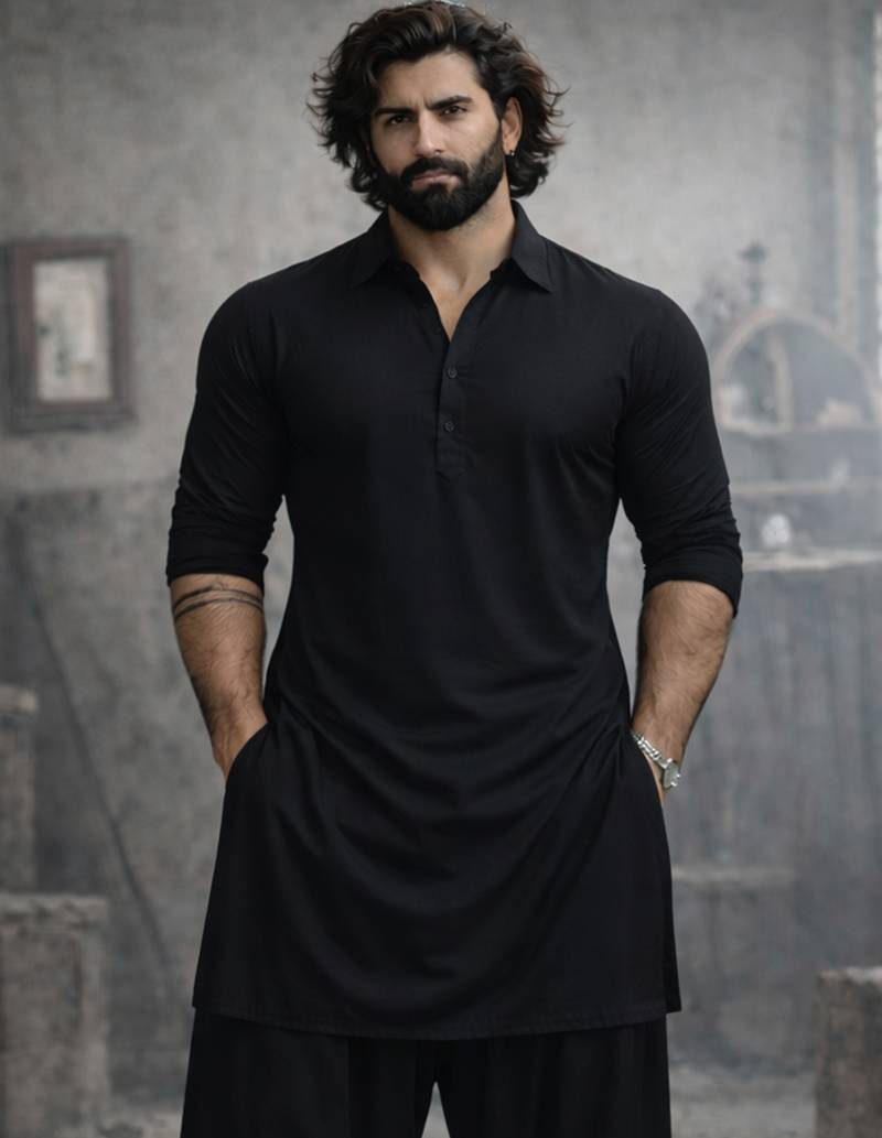 black solid cotton pathani kurta | shirt collar | full sleeve | knee length ethnic wear