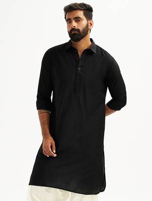 black solid cotton pathani kurta | shirt collar | full sleeve | knee length ethnic wear 2