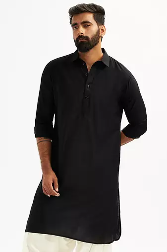 black solid cotton pathani kurta | shirt collar | full sleeve | knee length ethnic wear