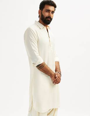 cream solid cotton pathani kurta with shirt collar and full sleeves 5