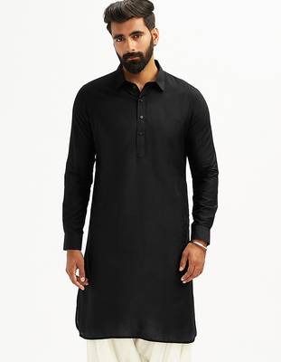 black solid cotton pathani kurta | shirt collar | full sleeve | knee length ethnic wear 3
