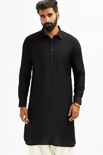 black solid cotton pathani kurta | shirt collar | full sleeve | knee length ethnic wear