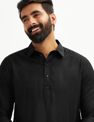 black solid cotton pathani kurta | shirt collar | full sleeve | knee length ethnic wear 4