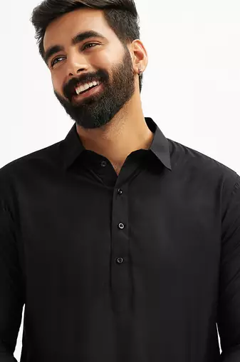 black solid cotton pathani kurta | shirt collar | full sleeve | knee length ethnic wear