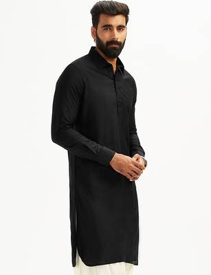 black solid cotton pathani kurta | shirt collar | full sleeve | knee length ethnic wear 5