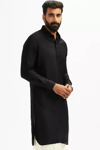 black solid cotton pathani kurta | shirt collar | full sleeve | knee length ethnic wear