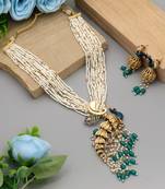 Green color peacock inspired matte gold necklace set
