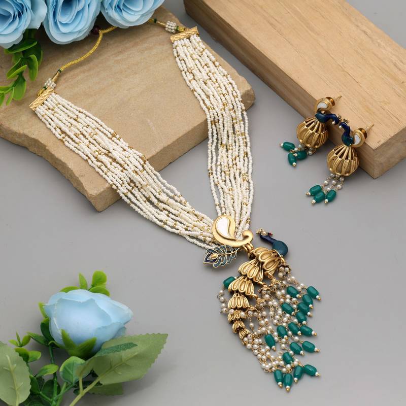 Green color peacock inspired matte gold necklace set
