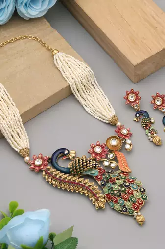 Multi color peacock inspired matte gold necklace set