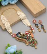 Multi color peacock inspired matte gold necklace set