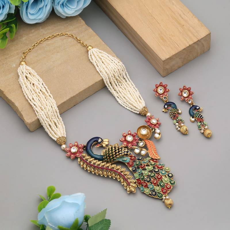 Multi color peacock inspired matte gold necklace set