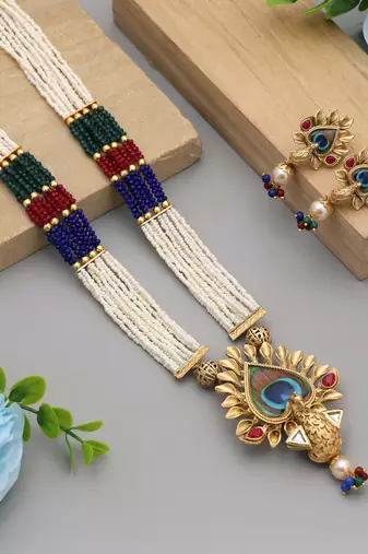 Multi color peacock feather matte gold necklace set