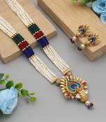 Multi color peacock feather matte gold necklace set