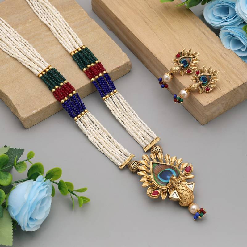 Multi color peacock feather matte gold necklace set