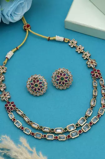 Rani & green color matte gold necklace set