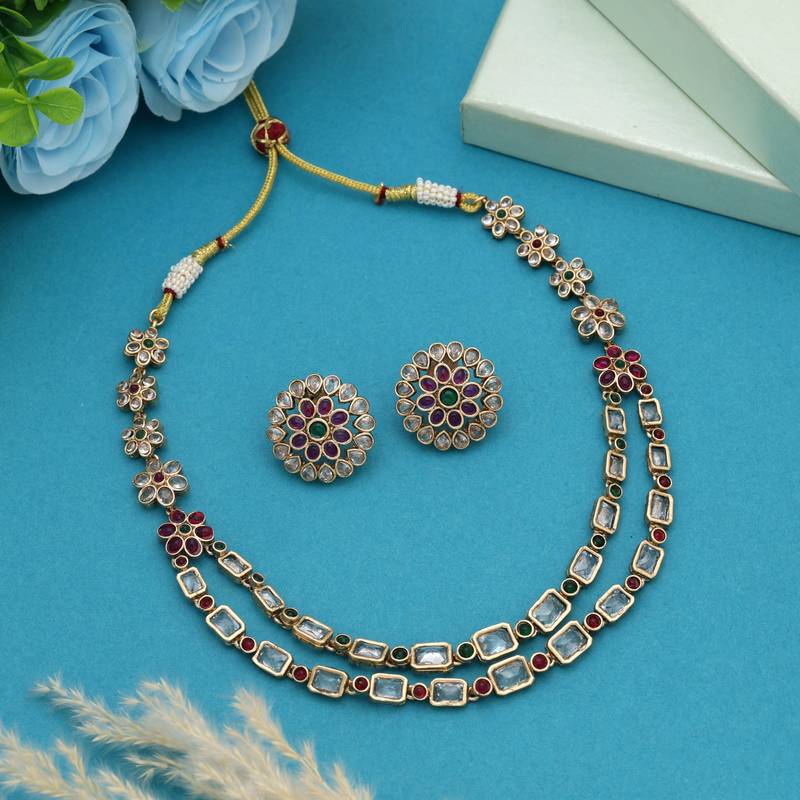 Rani & green color matte gold necklace set