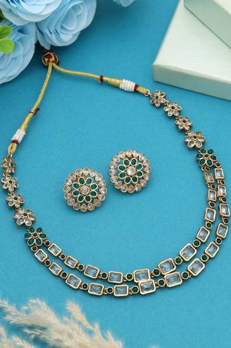 Green color matte gold necklace set